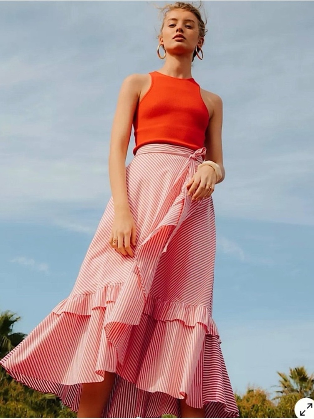 Anthropologie Pink and White Striped Ruffle Wrap Skirt